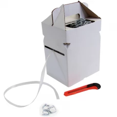 Polyesterband "Dispenser Box" 13mmx0,5mmx250lfm. weiß, inklusive 100. Metallklammern und Messer