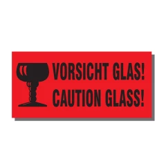 Warn- und Hinweisetiketten 145x70mm, aus Papier. rot, mit Aufdruck 2-sprachig. Caution Glass