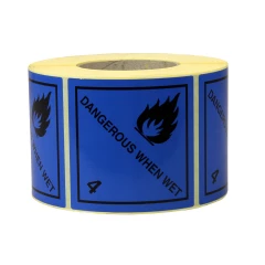 Gefahrgut-Etiketten 100x100mm, aus Papier. blau, mit Aufdruck/Symbol. Dangerous When Wet, Kl. 4.3