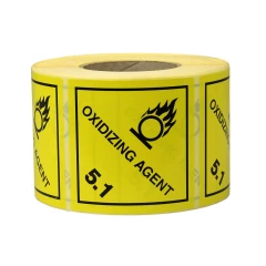 Gefahrgut-Etiketten 100x100mm, aus Papier. gelb, mit Aufdruck/Symbol. Oxidizing Agent, Kl. 5.1
