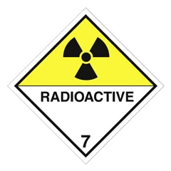 Gefahrgut-Etiketten 100x100mm, aus Papier. gelb/weiß, mit Aufdruck/Symbol. Radioactive, Kl. 7