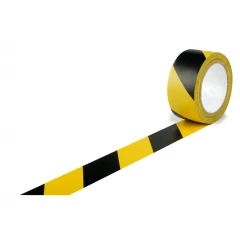 Bodenmarkierungsband 50mm breitx33lfm, 150µ. schwarz/gelb, PVC-Folie. Lösemittel-Kautschukkleber