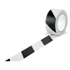 Bodenmarkierungsband 50mm breitx33lfm, 150µ. schwarz/weiß, PVC-Folie. Lösemittel-Kautschukkleber