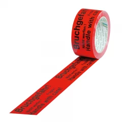 PVC-Warn-Klebeband 50mm breitx66lfm, 52µ. rot, Aufdruck "Bruchgefahr". Naturkautschukkleber