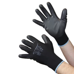 Paar Nylon-Handschuhe Gr. M, schwarz, EN388. mit PU-Beschichtung auf. Innenhand und Fingerkuppen